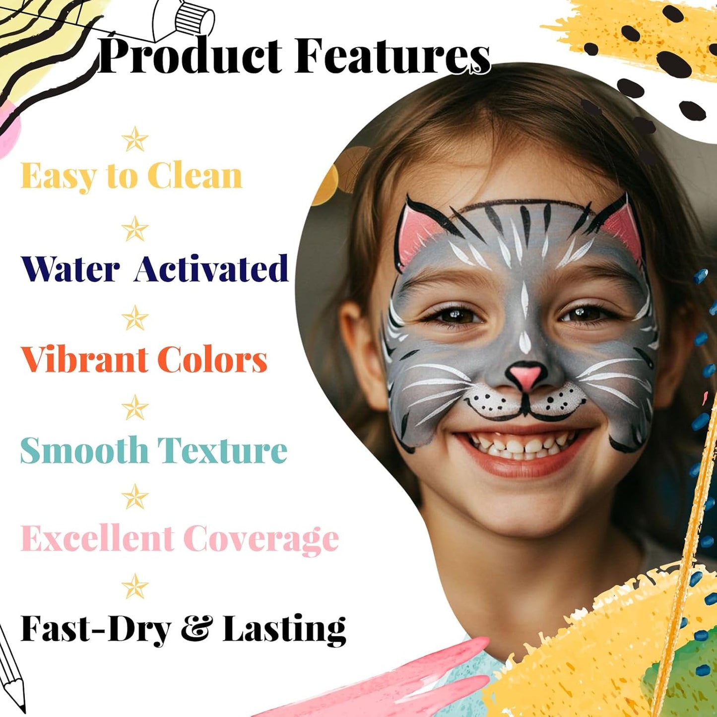 Face Painting Kit for Kids - 42 Color Non-Toxic Water Activated Makeup Set with Brush, Stencil & Sponge | Perfect for Parties & Holidays
