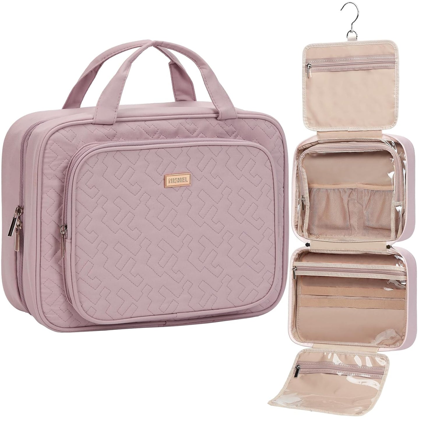 NISHEL Travel Toiletry Bag - Large Makeup Organizer for Women | Hanging Case in Rosewood Pink
