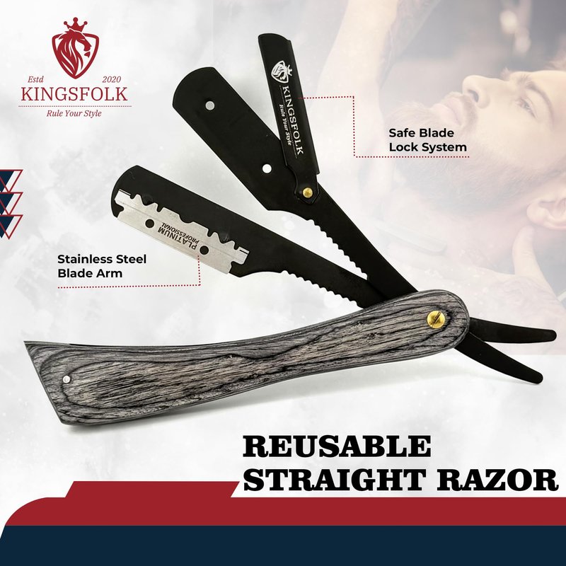 Kingsfolk Professional Straight Razor Kit for Men – Wooden Handle Razor with 100 Platinum Blades, Leather Case, Nitrile Gloves & Cleaning Cloth – Barber Grade Wet Shave Set