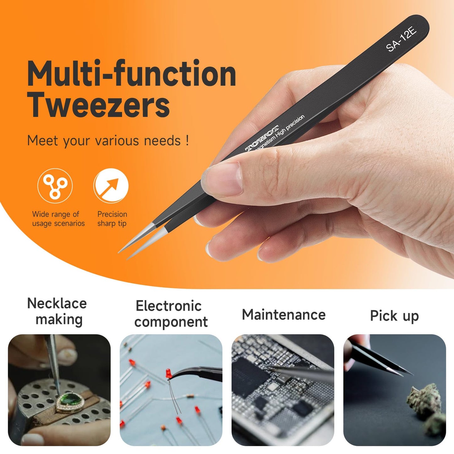 TOWOT Precision Tweezers, Pointed Tweezers for Electronics, Anti-static Stainless Steel Long Tweezers for Crafts, Soldering, Welding, and Jewelry Making Industrial Tweezers