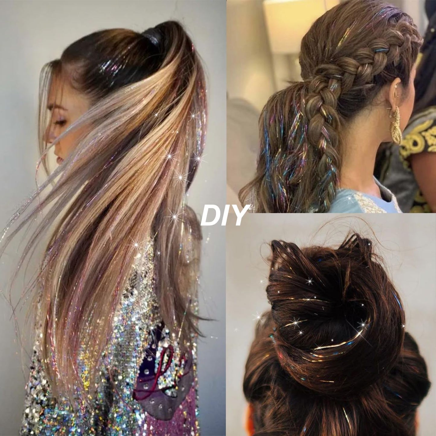12Pcs Hair Tinsel Clip in Glitter Tinsel Hair Extensions 19.6Inch Clip in Hair Tinsel Kit Heat Resistant Shiny Sparkly Fairy Hair Accessories for Women Girls (Rainbow)