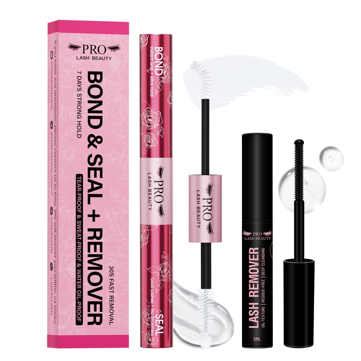 PROLASHBEAUTY Lash Cluster Glue Lash Glue Remover Kit for Clusters Lash, Long Lasting Waterproof Eyelash Glue, Qucik Removal Eyelash Remover (Clear Bond & Seal+Remover)