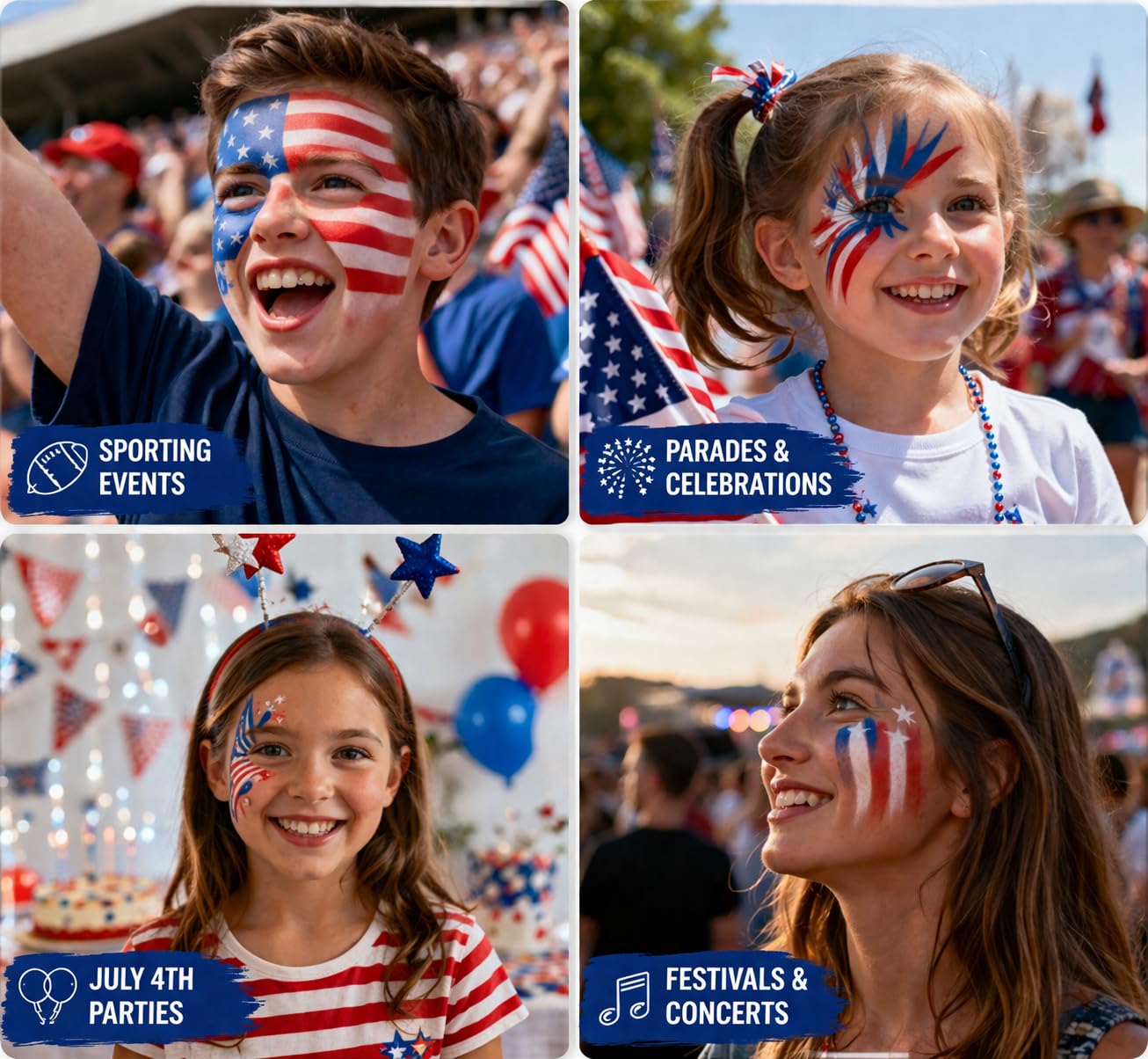 Oiomniv Red White Blue Face Paint Kit for Kids & Adults, Patriotic Face Paint with Glitter, 30 Stencils, Water-Based USA Flag Face Paint for 4th of July, Independence Day, Sports, Parties