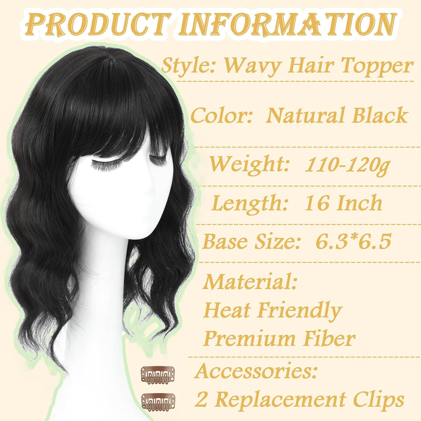 16 Inch Hair Topper for Thinning Hair - Synthetic Curly Clip-In with Wispy Bangs | Lightweight Black Crown Coverage