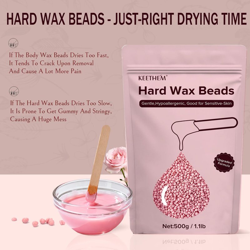 Hard Wax Hair Removal Beads - Painless Waxing for Sensitive Skin, Full Body Wax Beans with 20 Sticks for Women Men Bikini Brazilian, Armpit, Home Use (Rose, 1.1lb/17.6oz)