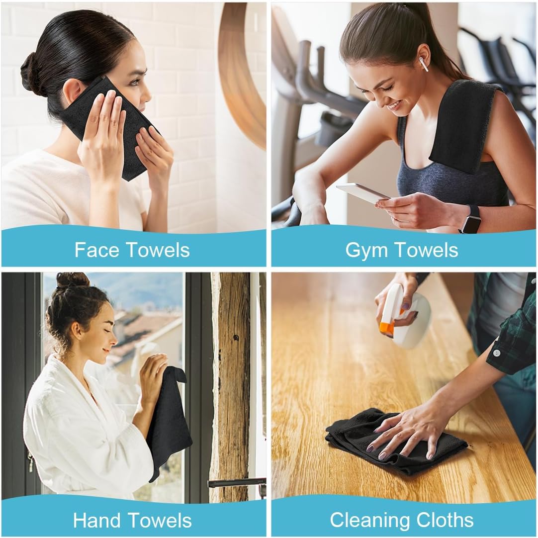 Microfiber Washcloths 20 Pack - Soft, Quick-Dry Face & Hand Towels for Travel, Gym, Spa | 11.5"x11.5", Black