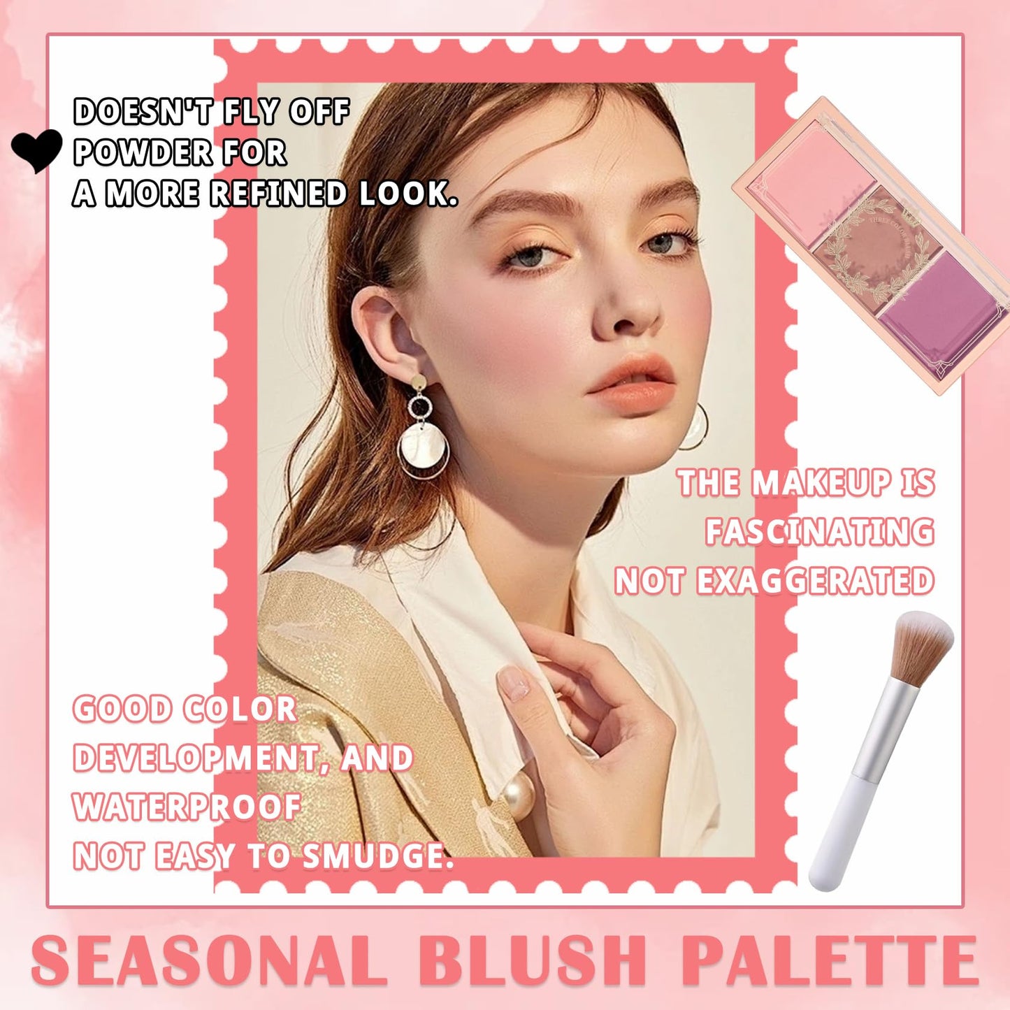 2Pcs 3 Colors Blush Palette for Cheeks with Make Up Brush,Face Matte Contour Blush Makeup Palette,Buildable Shimmer Facial Cheek Blusher Shades,Blendable Cosmetic Makeup Blush