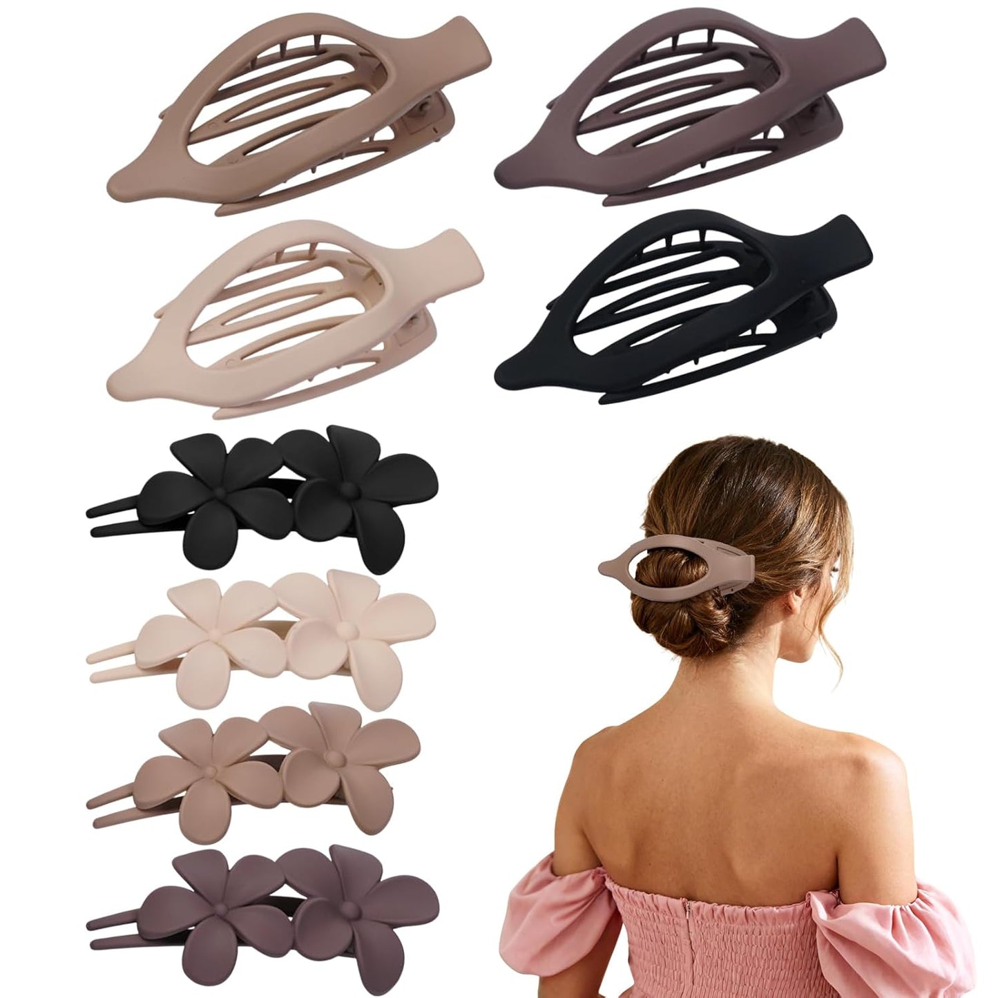 Flat Hair Clips for Women - Matte No Crease Large Claw Clips | Strong Hold Barrettes for Thick & Thin Hair - 8 Pack