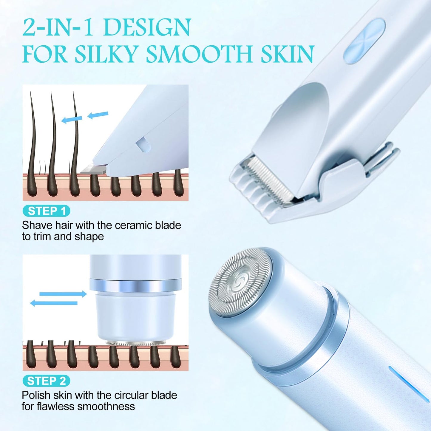 Bikini Trimmer for Women, 2 in 1 Electric Razors for Women, Rechargeable Cordless & Painless Hair Removal, Ultra Low Silent, Easy Cleaning, IPX7 Waterproof Bikini Shaver for Sensitive Skin (Blue)