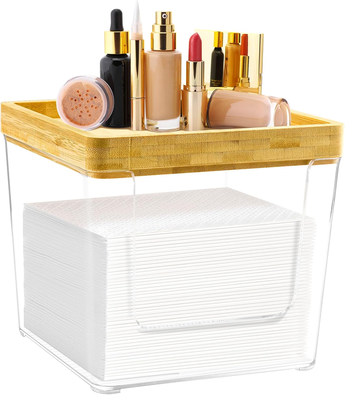 Acrylic Disposable Face Towel Holder Box - Large Bathroom Organizer with Bamboo Lid | Clear Design