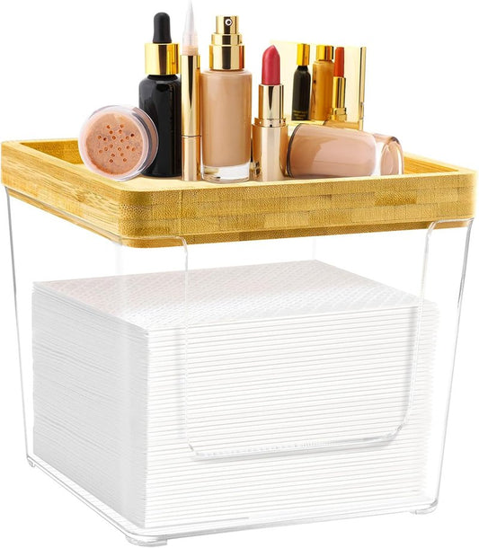Acrylic Disposable Face Towel Holder Box - Large Bathroom Organizer with Bamboo Lid | Clear Design