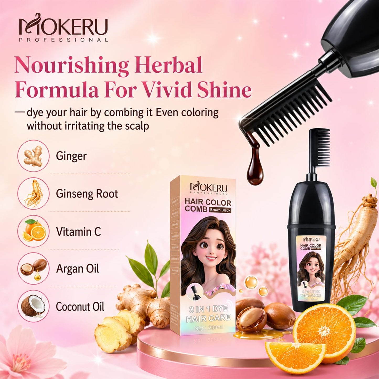 3-In-1 Herbal Hair Coloring Comb | Easy Hair Coloring At Home With Built-In Brush – No Mix, Ammonia-Free, Covers Grays & Nourishes with Argan Oil & Ginseng Suitable for All Hairstyles & Age (200ml)
