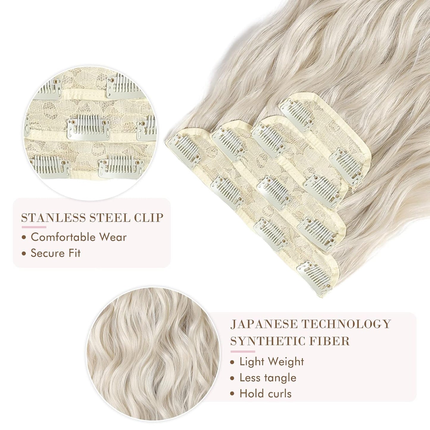 Clip-In Hair Extensions - 4PCS Natural Soft Synthetic Hairpieces for Women | Platinum Blonde
