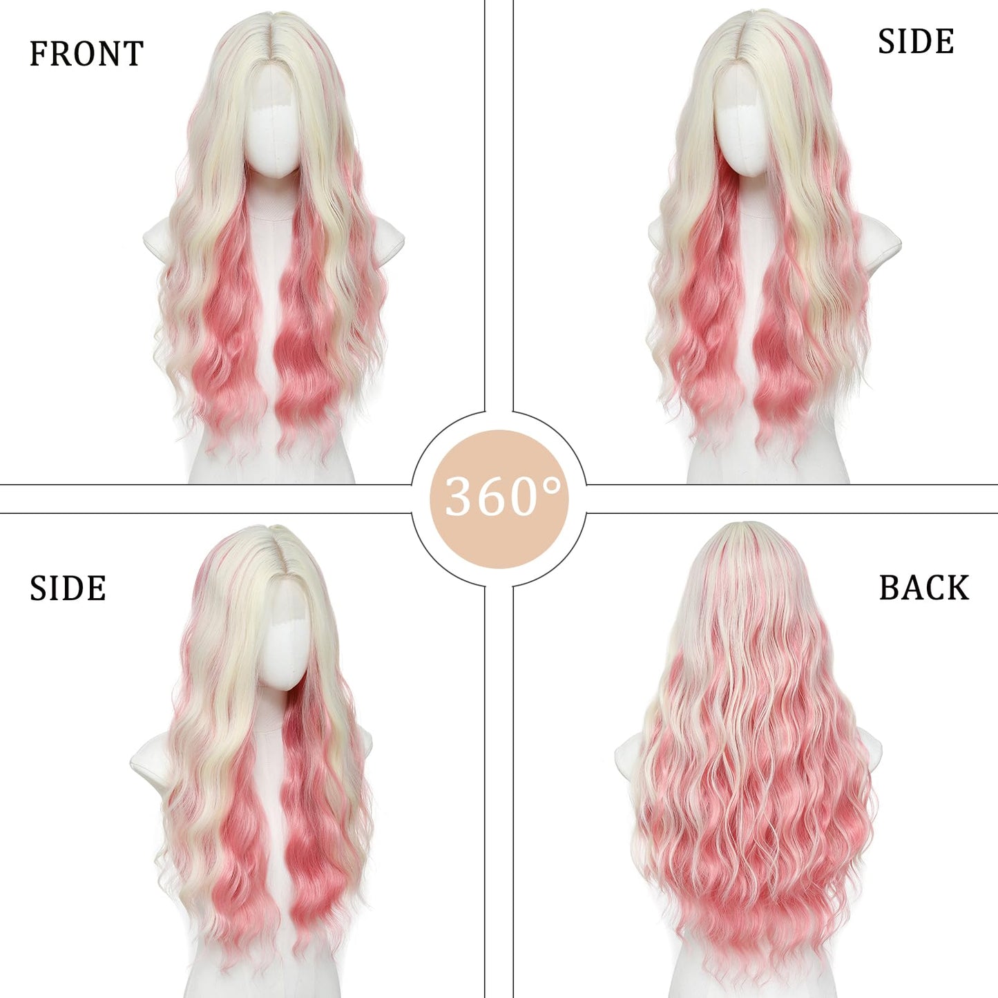 YBYMCAI Blonde and Pink Wig Long Wavy Wigs for Women Middle Part 26 inch Natural Curly Synthetic Wig Heat Resistant Fiber Wigs for Daily Party Use