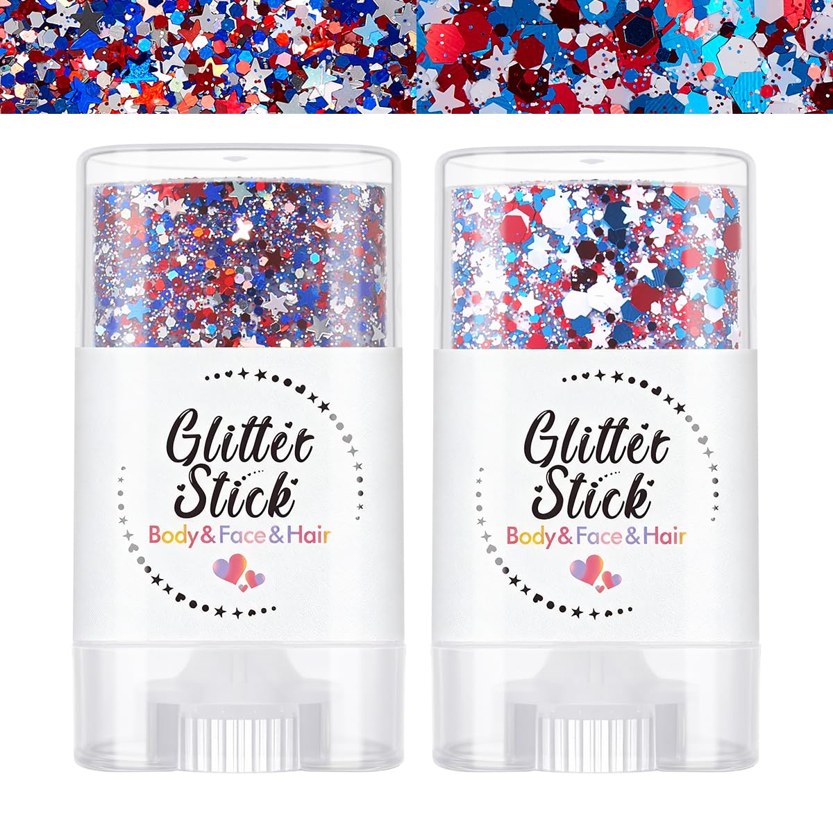 4th of July Body Glitter Stick for Face, Body & Hair - Red White & Blue Chunky Glitter with Star Sequins, 2 Pack Patriotic Makeup for Watch Party, Festival, Rave, Concert & Stadium for Women 2 Pack