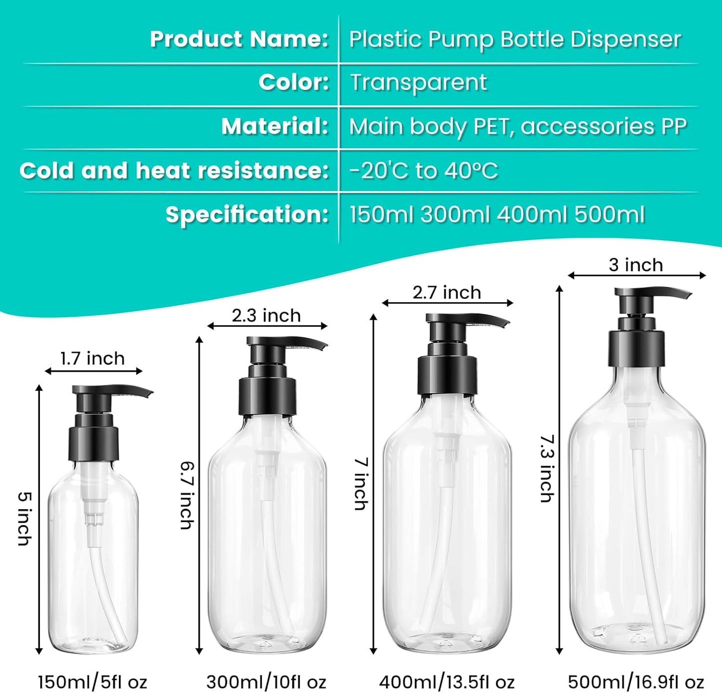 Clear Pump Bottle Dispenser - 300ml/10oz BPA-Free Plastic | 2 Pack Refillable Liquid Soap Containers for Essential Oils, Shampoo, Lotion
