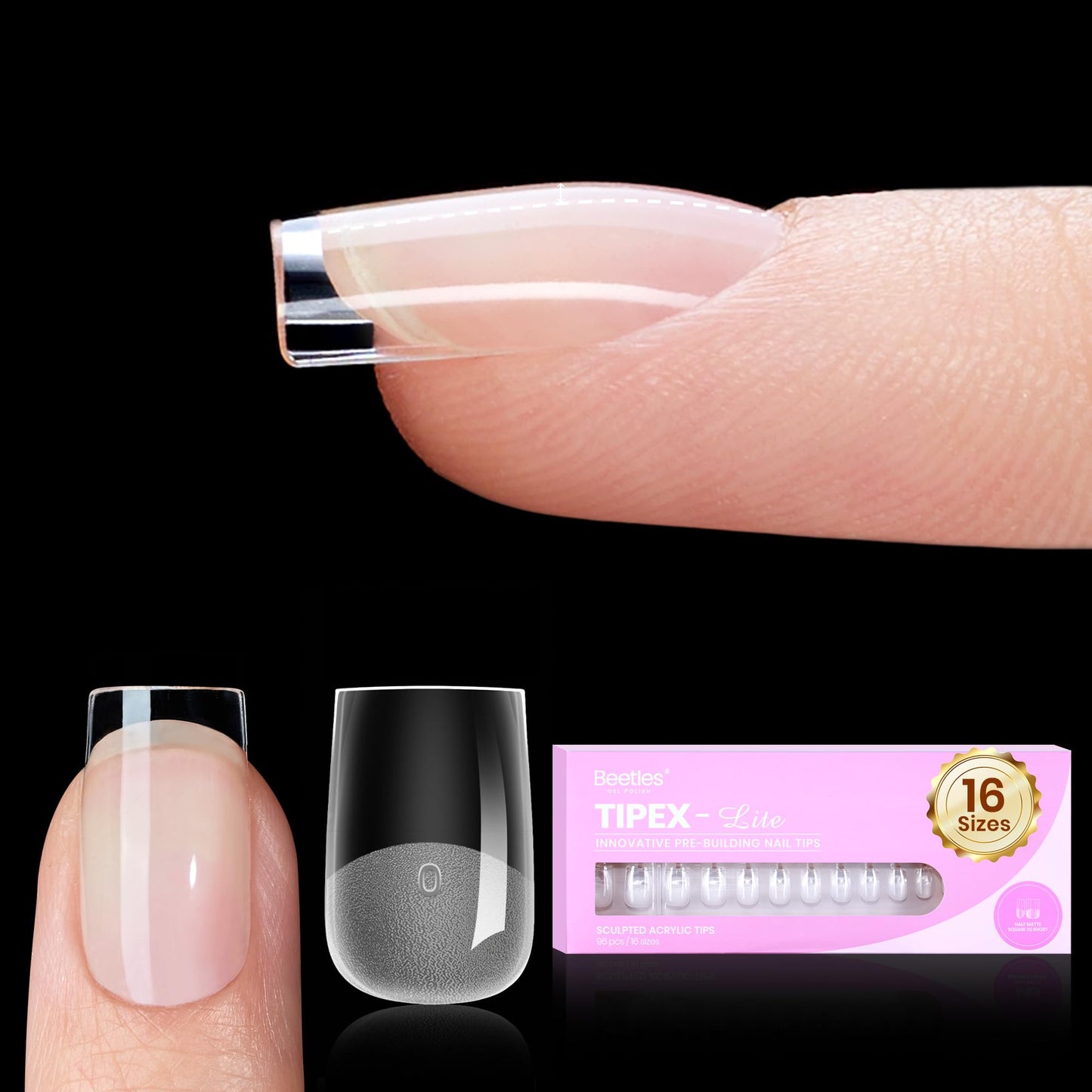 Beetles Tipex Lite Instant Apex Nail Tips, XS Square, 96pcs 16 Sizes(00-14)