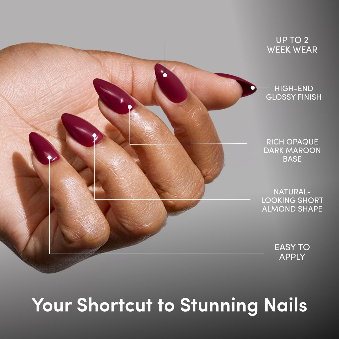 Glamnetic Press On Nails - Short Almond Fake Nails | Glossy Dark Maroon Press On Nails, Salon Quality Kit with Glue | Berry Kiss - 30 Nail Set in 15 Sizes