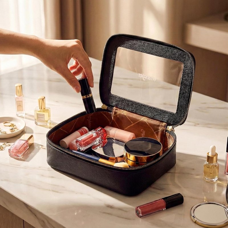 Clear Makeup Bag - Portable Travel Cosmetic Organizer for Women | Black Toiletry Bag