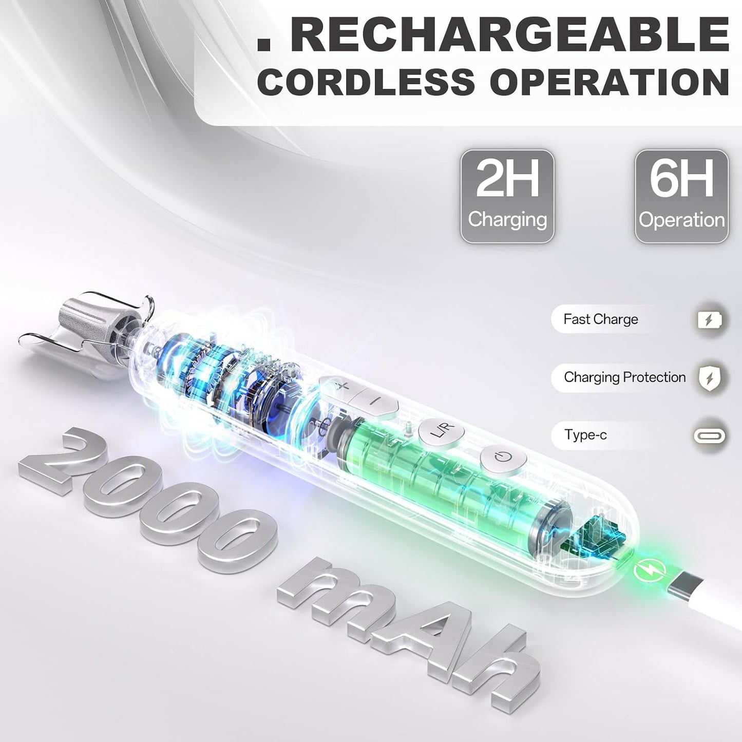 Electric Nail File Drill - Cordless 2000 mAh Rechargeable Portable Machine for Acrylic Manicure & Thick Toenails | Silver