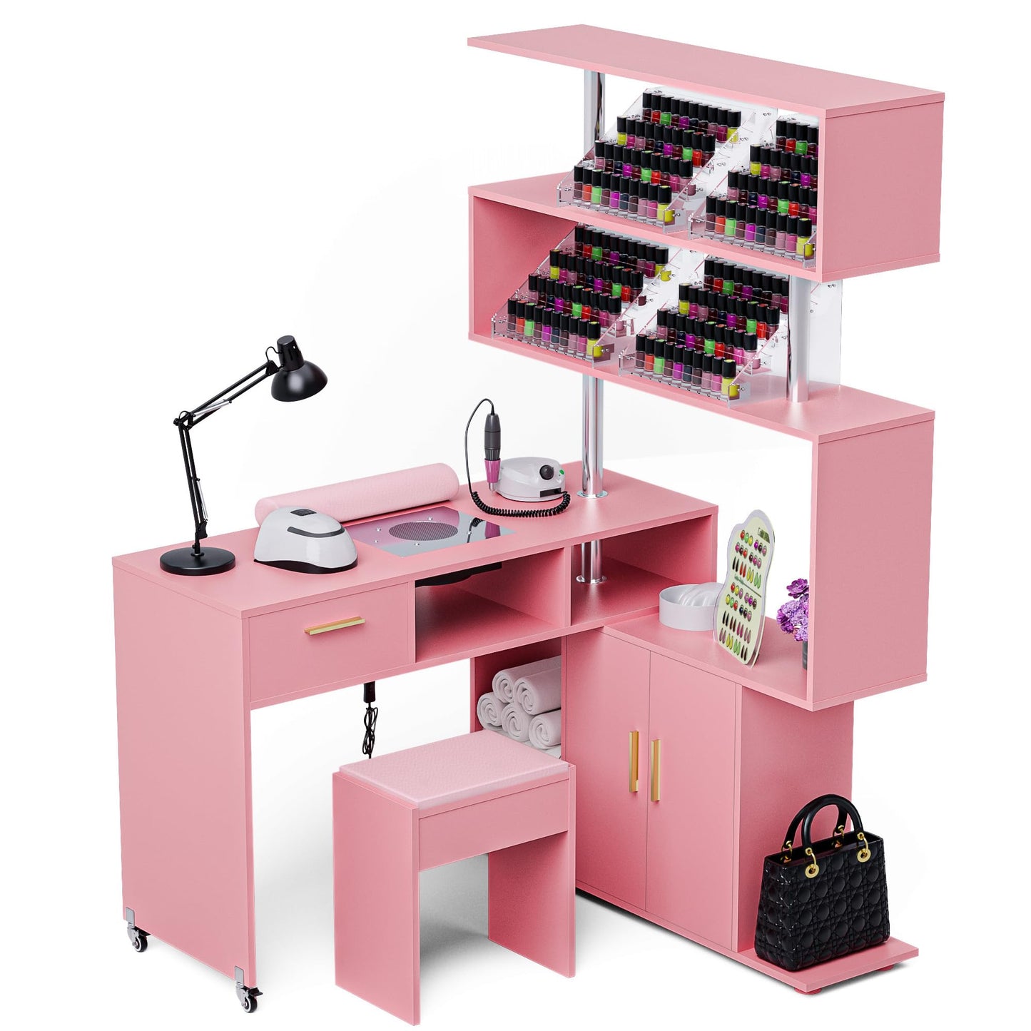 Kikihouse Manicure Table Nail Desk with Stool, L-Shaped Nail Tech Desk with Dust Collector, Two-Way Drawer, Cabinet & Storage Shelves, Rotating Reversible Manicure Workstation on Wheels (Pink)
