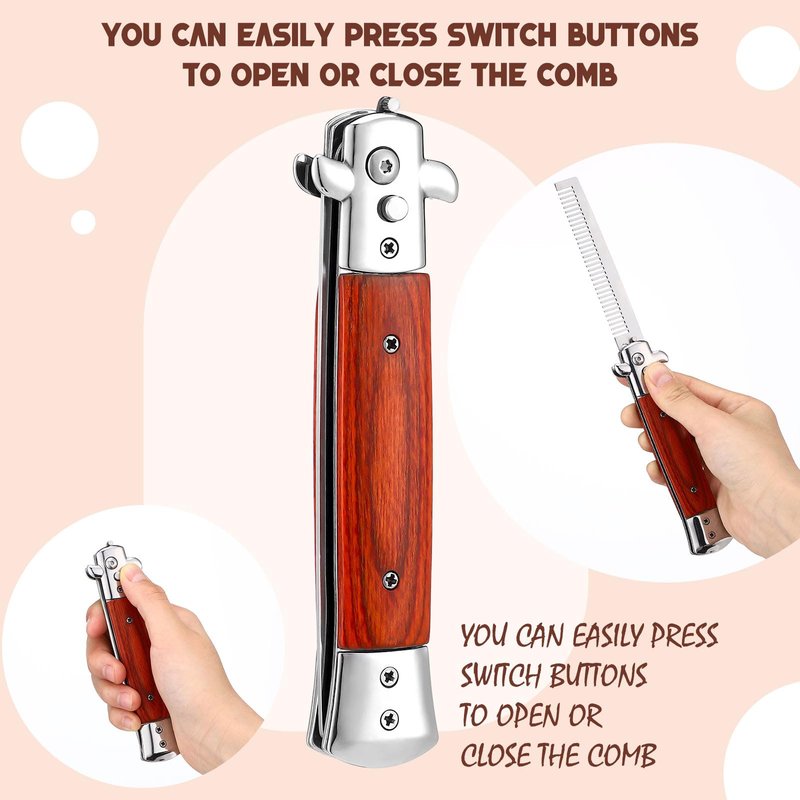 Zhehao 3 Pieces Folding Hair Comb Set - Wood Grain Switchblade Comb Pocket Knife Hair Brush Automatic Push Button and Stainless Steel Switch-blade Folding Pocket Combs for Men Grooming Travel Outdoor