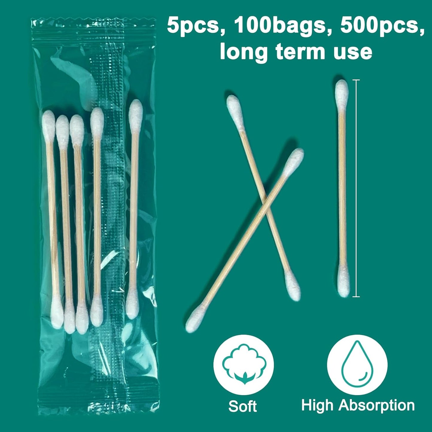 Travel Cotton Swabs - Individually Wrapped 500 Count | Sterile Double Round Tip Soft Cotton Buds with Durable Bamboo Sticks for Ear Cleaning & Beauty