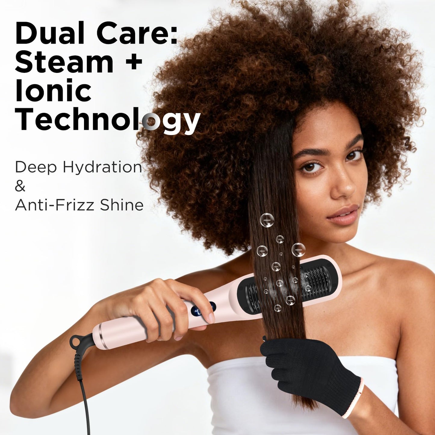 Prizm Pro Steam Hair Straightener Brush - Ionic Steam Straightening Brush for Curly Hair, Anti-Scald Ceramic Straightener Comb with LCD Display for Super Smooth, Frizz Free Hair, 4 Heat Settings, Pink