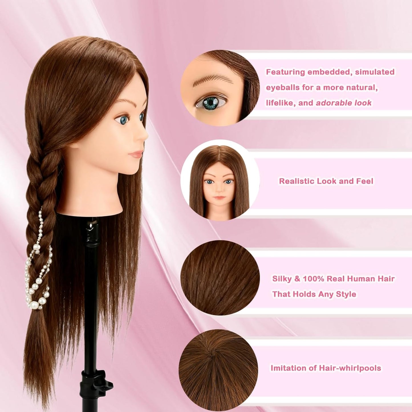 Beauty Star Mannequin Head - 18-Inch Real Human Hair Styling Head for Braiding & Cosmetology Training | Dark Brown Hair, Blue Eyes