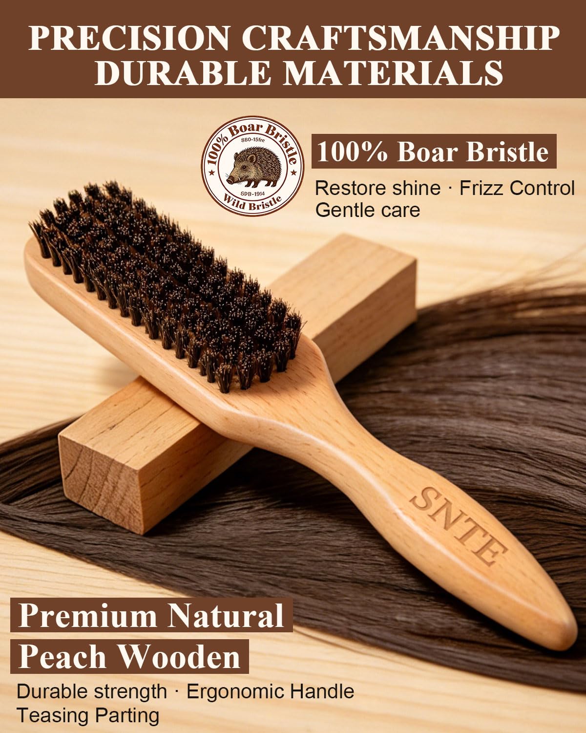 Boar Bristle Hair Brush - Natural Peach Wood Handle | Restores Shine, Controls Frizz, Smooths Flyaways | Ideal for Sleek Ponytails & Beard Grooming