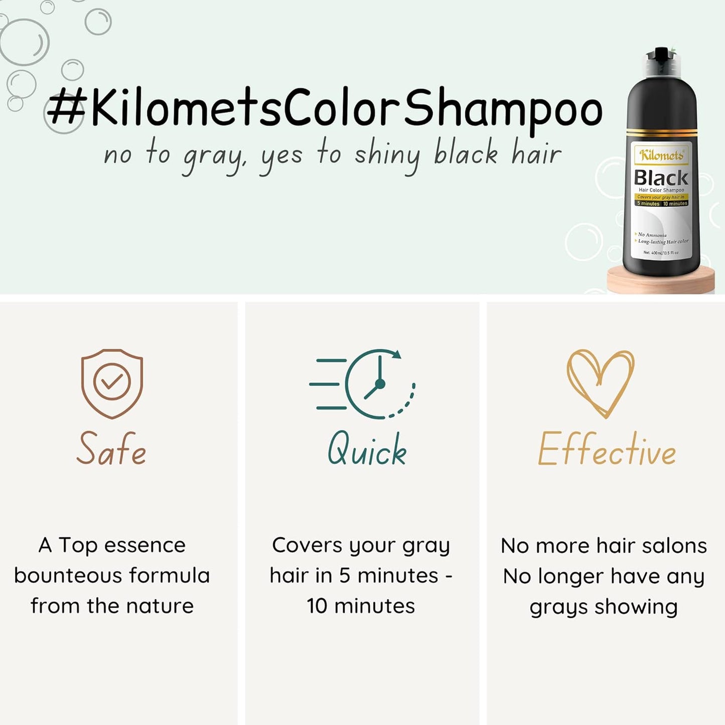 Black Hair Dye Shampoo - 100% Grey Coverage, Ammonia-Free Formula | 400ml Instant Darkening Color for Silver Hair