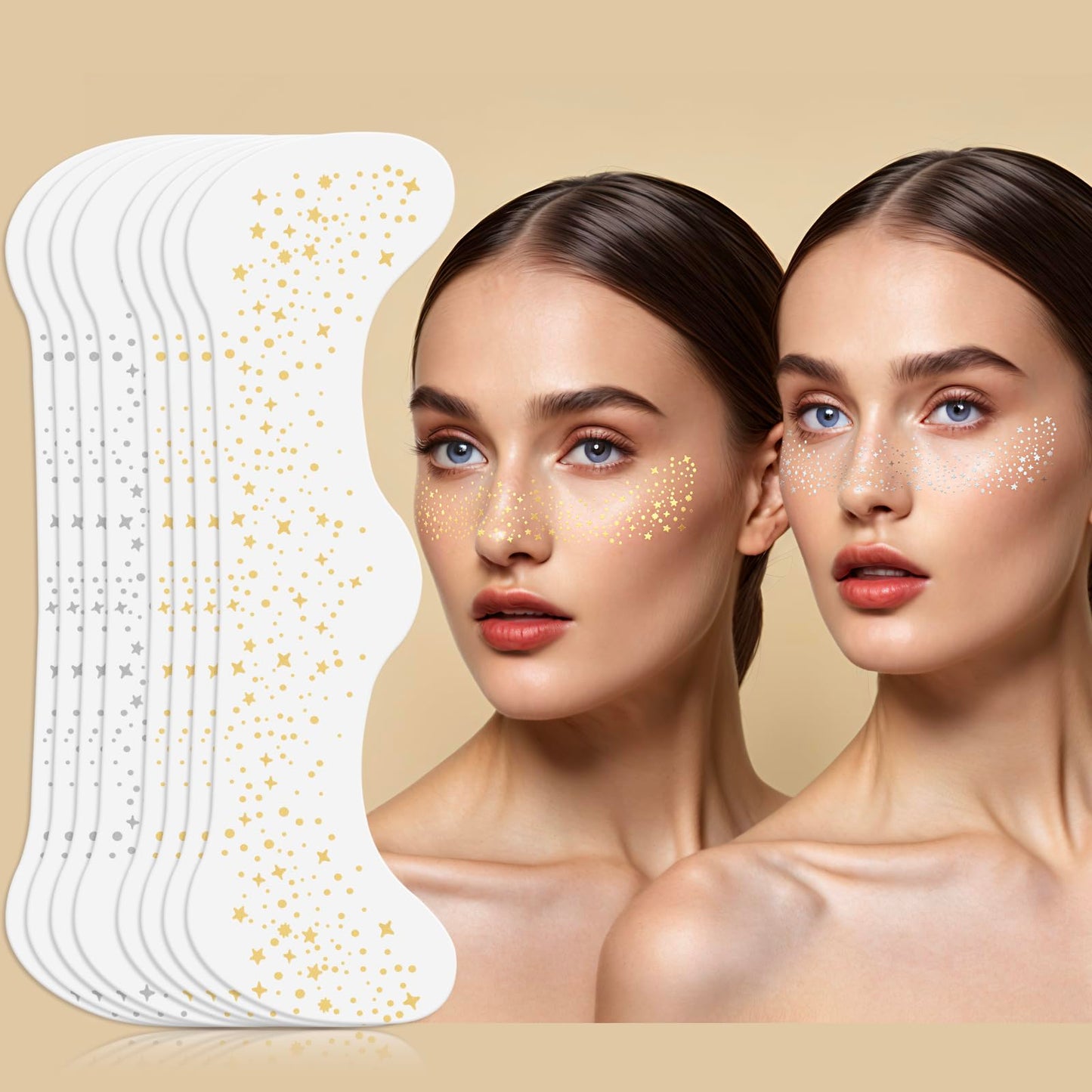 MEICOLY Silver and Gold Face Glitter,Running Glitter Freckles Face Tattoo for Women Kid,Silver Glitter Freckles Makeup Patches,Sparkle Freckles Speckles Patches,8pcs