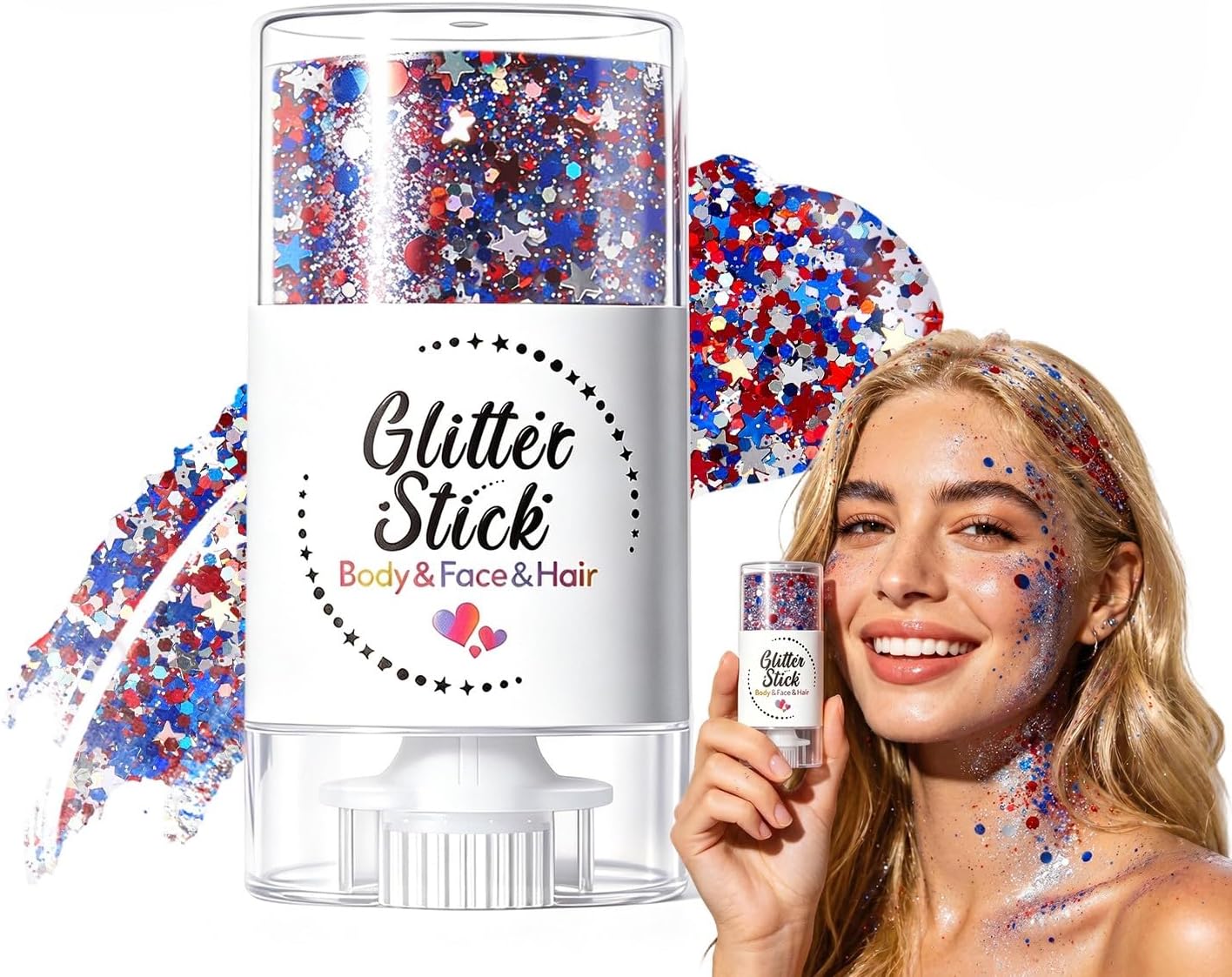 Patriotic Body Glitter Stick - Red, White & Blue Waterproof Face Glitter for 4th of July | 2-Pack