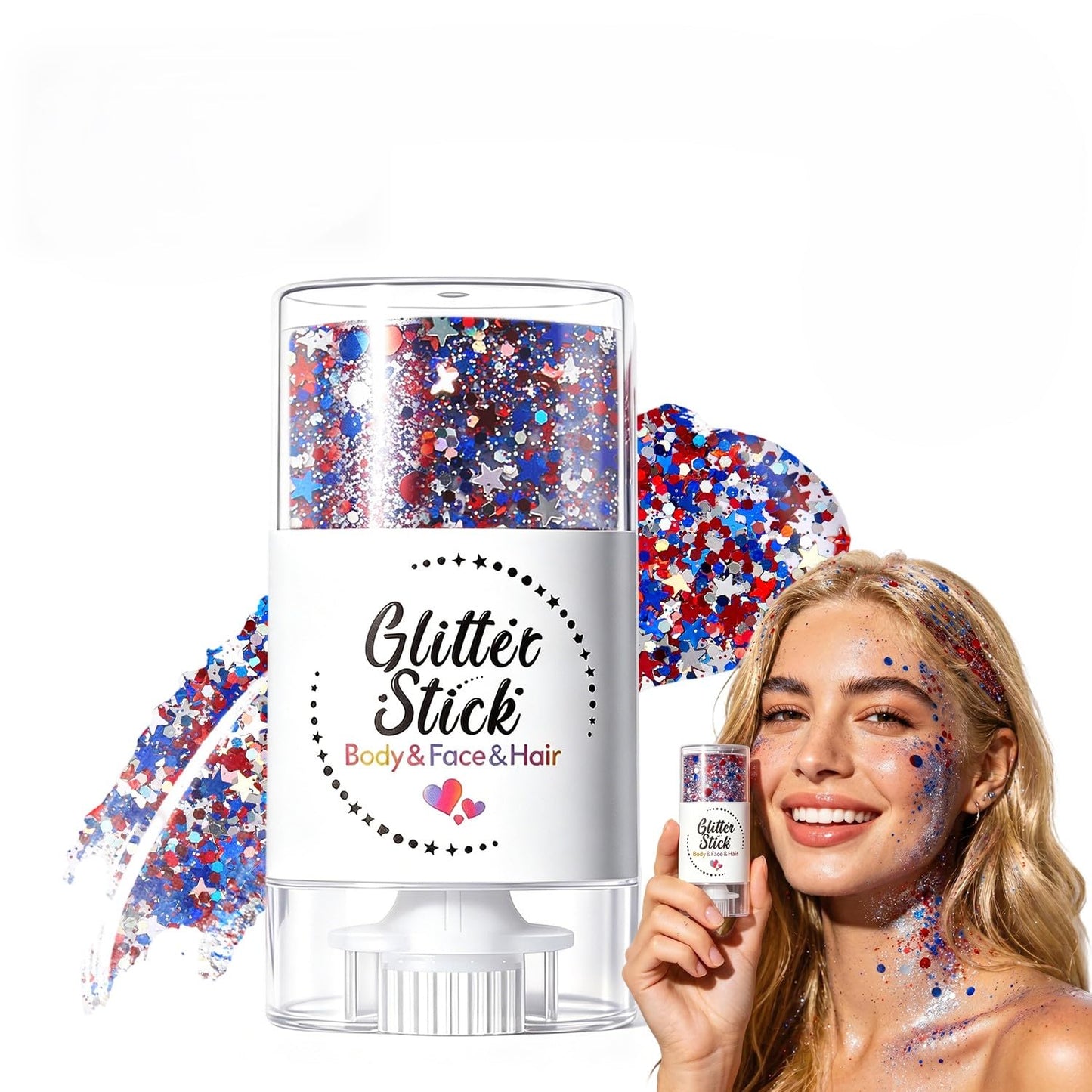 4th of July Patriotic Body Glitter Stick, Red White Blue Face Glitter Stick, Waterproof Festival Fourth of July Glitter for Body Hair Face, Patriotic Glitter for 4th of July Decorations (A)