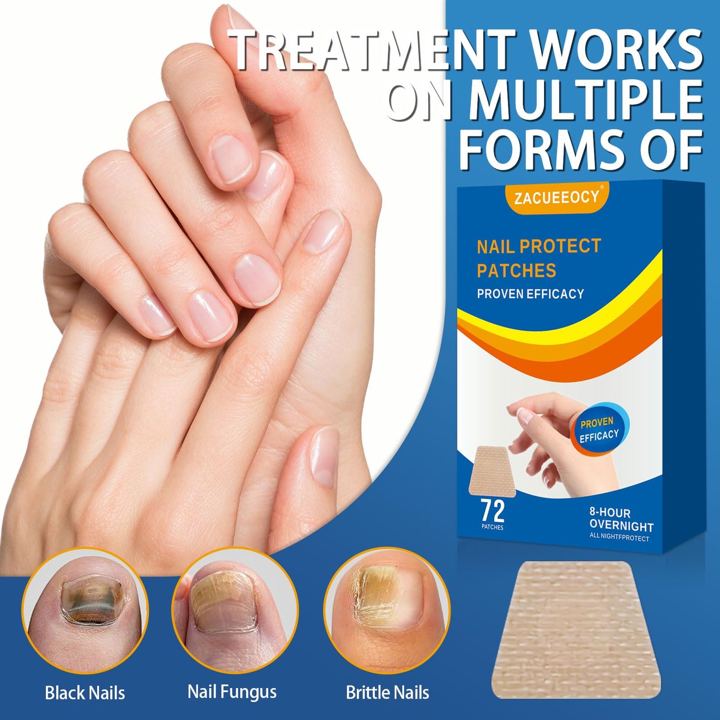 ZACUEEOCY 72PCS Nail Treatment Patches for Toenail and Fingernails, Nail Repair Patches Extra Strength 8-Hours Overnight Care and Repair for Damaged Nails for Men and Women