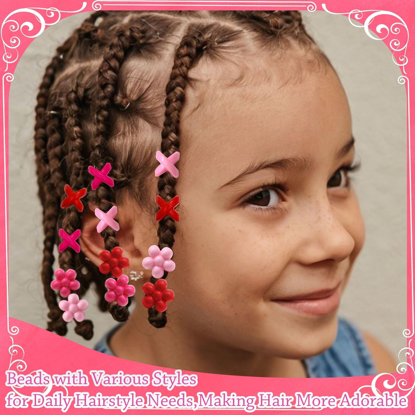 NAISKA 60PCS Pink Hair Beads for Braids Hot Pink Bead Loc Dreadlock Jewelry Multi-style Large Hole Beads Cute Flower Valentine's Day Hair Accessories for Kids Girls