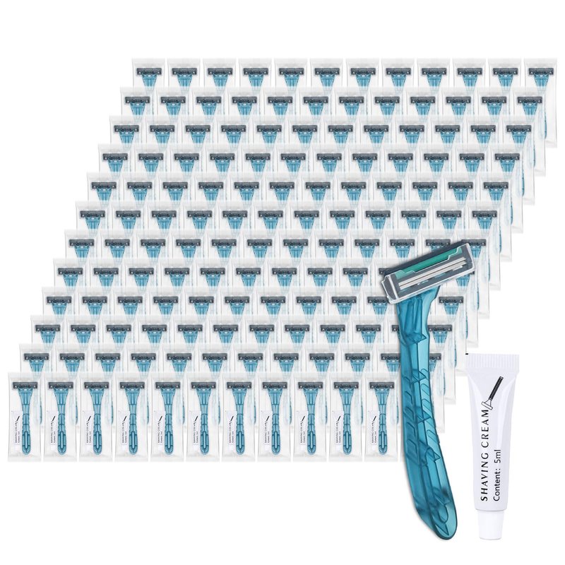 Lilingsty Disposable Razors Bulk, Blue Razors Individually Wrapped Bulk, With Shaving Cream For Hotels, Shelters, Homeless, Nursing Homes, Charities, Churches (100-PACK)