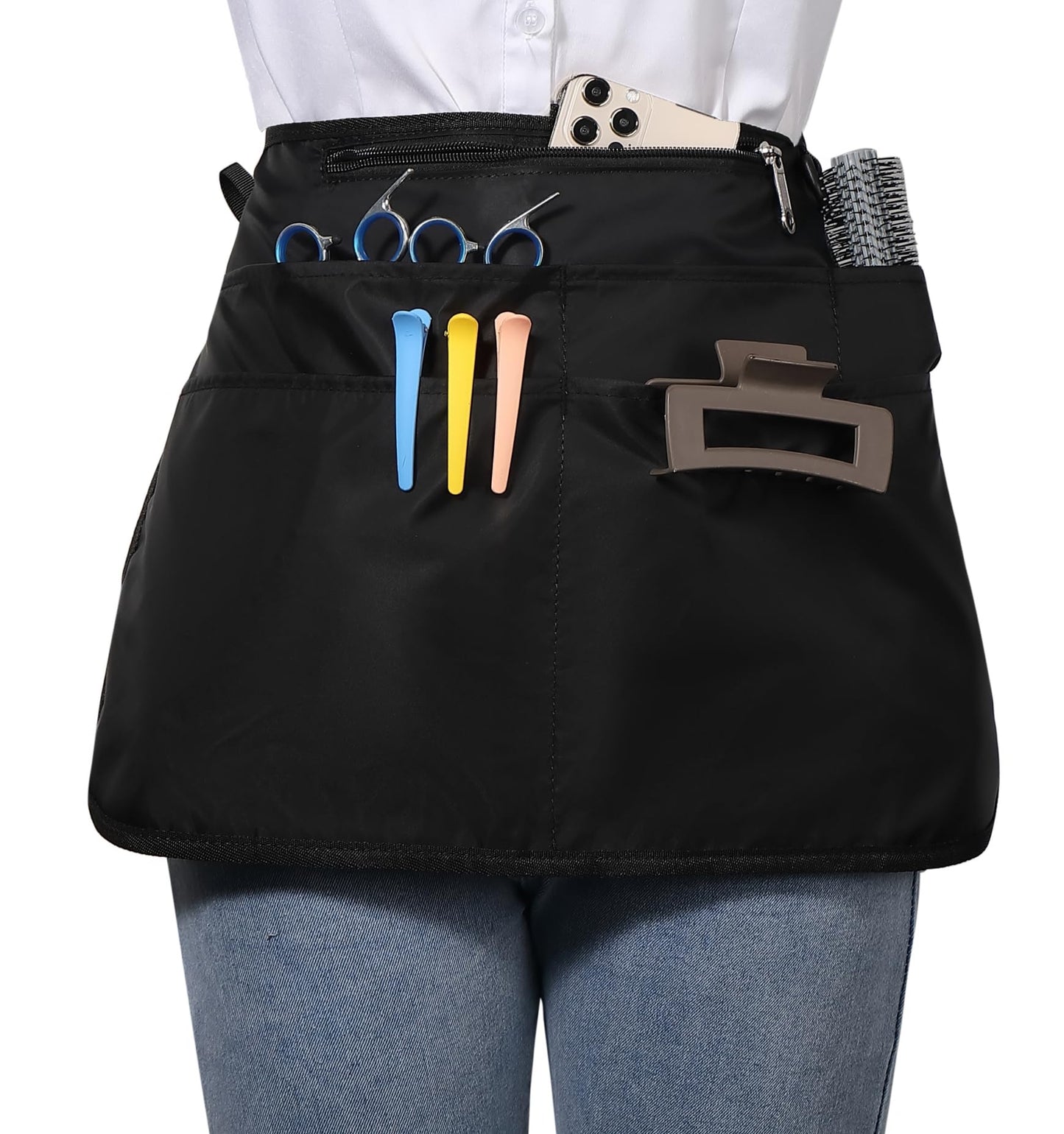 Bafelia Barber Apron with 6 Pockets, Waterproof and Bleach-proof Hair Stylist Apron for Men Women,Hairdresser Apron for Cosmetology (Black)
