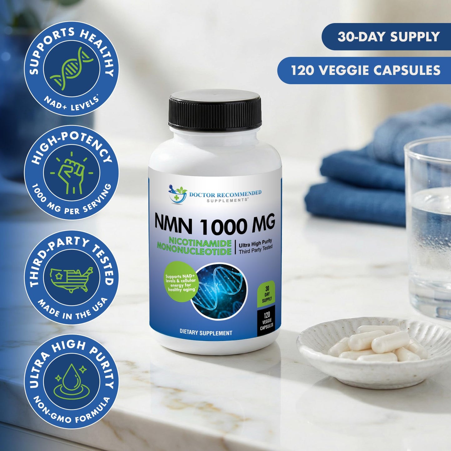 DOCTOR RECOMMENDED SUPPLEMENTS NMN 1000mg (Nicotinamide Mononucleotide) - 120 Veggie Capsules, 30 Servings - Supports NAD+ Levels & Cellular Energy - Third Party Tested, Non-GMO, Gluten Free