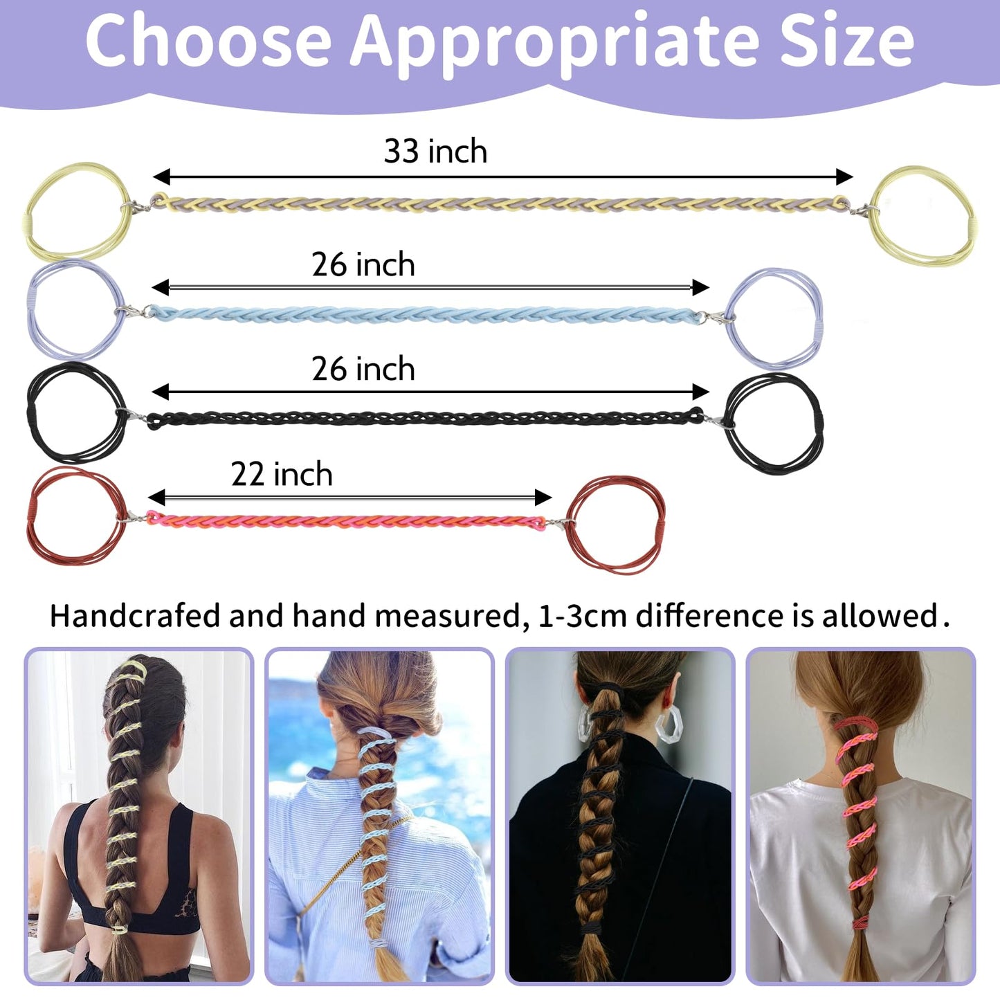 TBUKEOM Spiral Hair Ties, 4 Pcs No Damage Elastic Braided Ponytail Holders for Long, Women with Thick Curly Hair, Perfect for Swimming, Sports, Riding, and Workouts (33 inch, 26 inch, 22 inch)