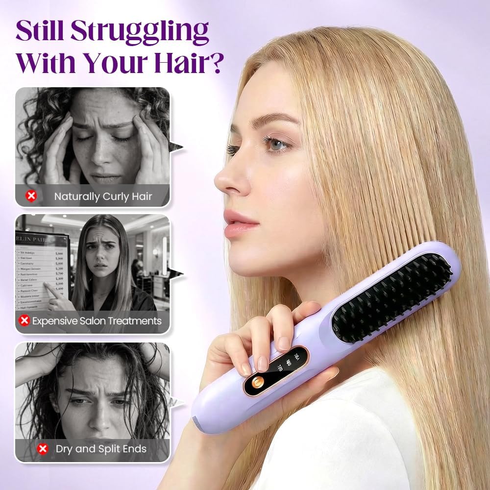 Portable Straightener Brush - Cordless Ionic Ceramic Hair Tool for Long Hair | 30s Fast Heat, 3 Temp Settings, USB-C Rechargeable (Purple)