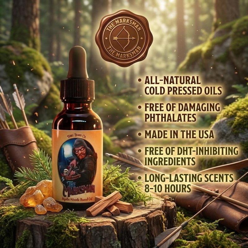 Fable Beard Co. Beard Oil - The Marksman, Crisp Pine & Warm Cedar Scented, Natural Beard Oil for Men with Jojoba & Argan Oils, Vitamin E, Beard Hair Softener, Made in USA (1 Fl Oz)