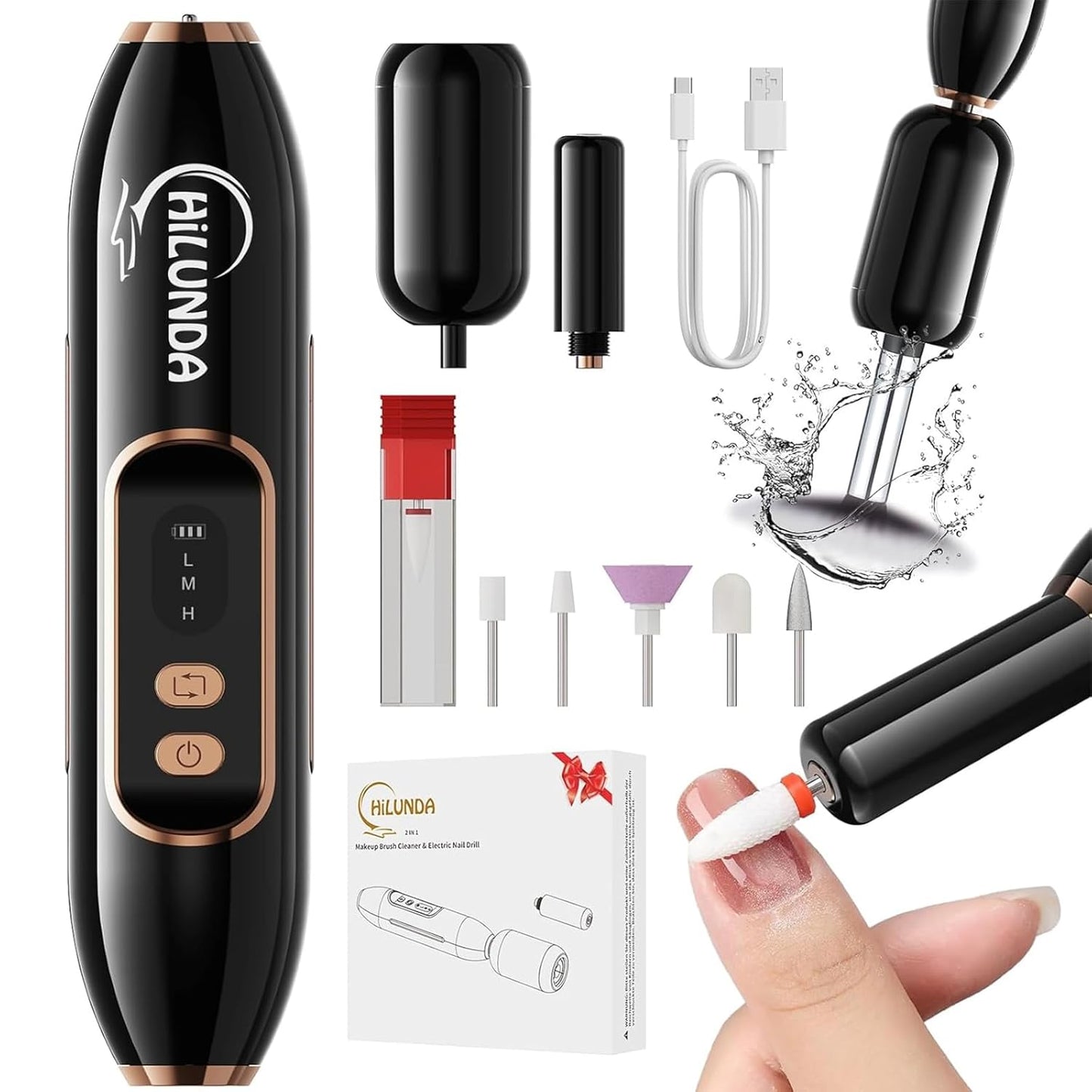 Electric Nail Drill - 2-in-1 Nail File & Makeup Brush Cleaner | Portable, Rechargeable, Ultra Low Noise, 1500 mAh Battery