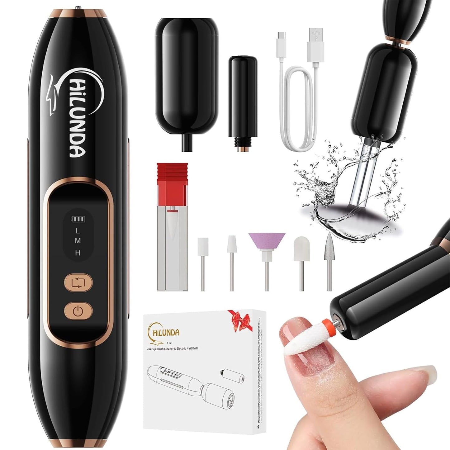 2-in-1 Nail Drill Electric Nail File with Makeup Brush Cleaner Machine (No Bowl), 1500 mAh Battery, Ultra Low Noise, Portable and Rechargeable for Travel & Home