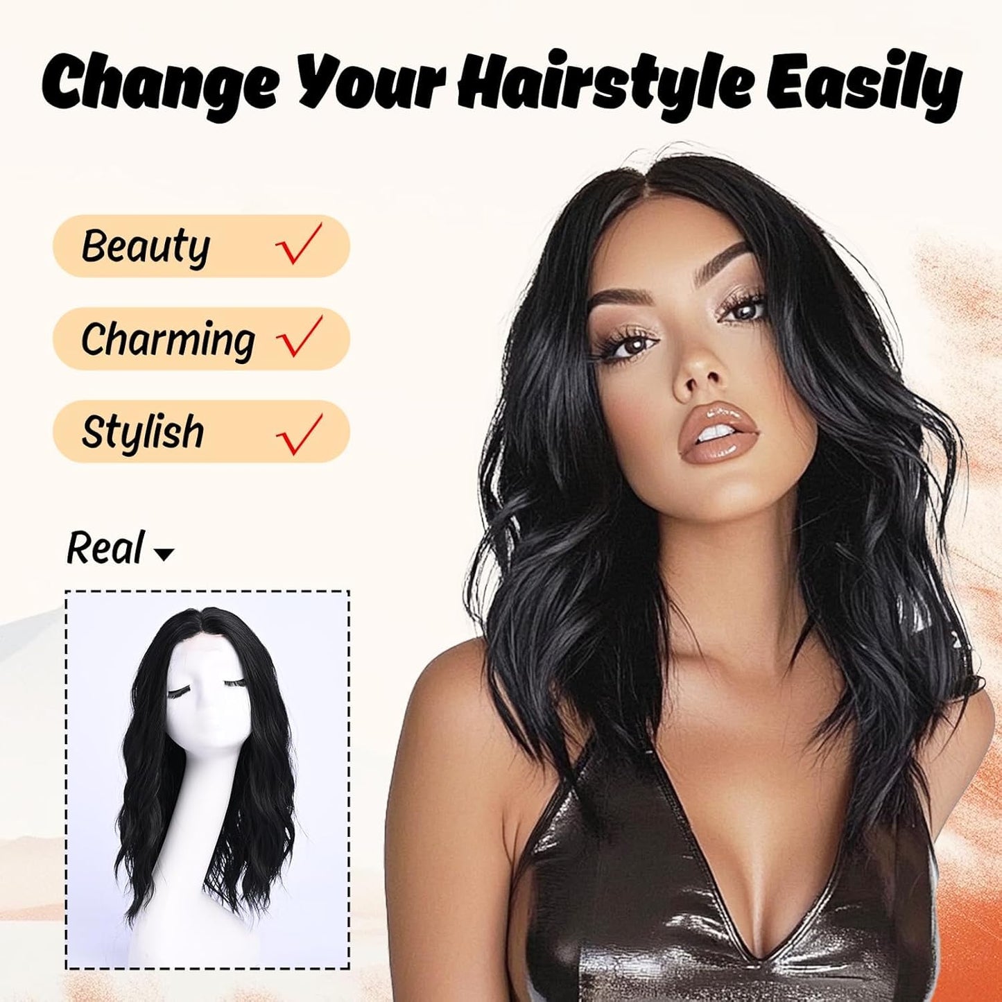Wavy Wigs for Women - 18 Inch Medium Length Synthetic Wig | Natural Looking & Heat Resistant - Black