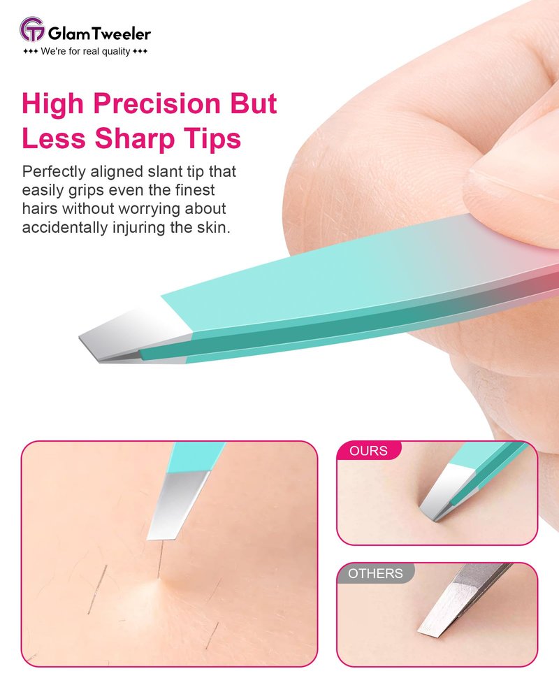Exclusive G-01 Slant Tip Tweezers, GlamTweeler High Precison Expert Eyebrow and Facial Hair Removal Tweezer with Leather Storage & Carrying Case