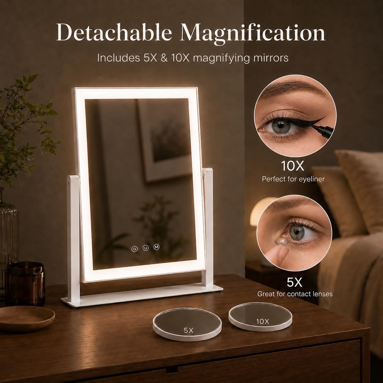 LED Vanity Makeup Mirror - 17.3 Inch with Dimmable Touch Control, 10X/5X Magnifiers & 3 Color Modes | 360° Rotation