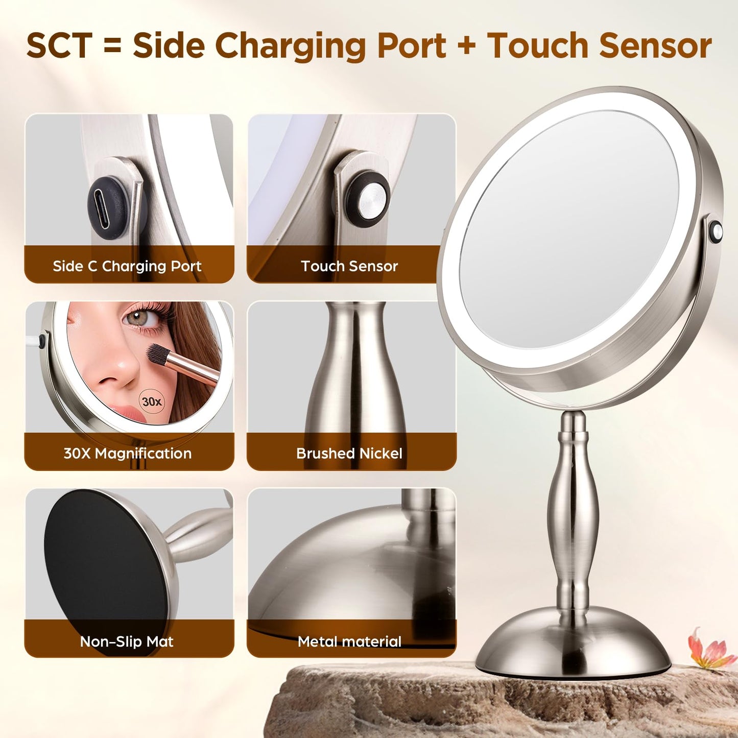 Makeup Mirror with Light, 30x Magnifying Mirror with 3 Lights Colors, 5000mAh Vanity Mirror Brushed Nickel - 360° Rotation, Brightness Adjustable Magnification, Modern Style Side Touch + Side Charge