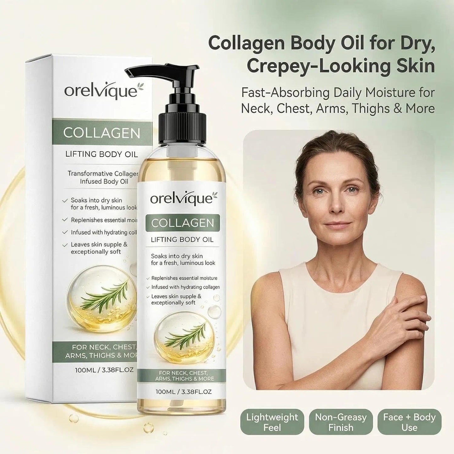 Relify Orelvique Collagen Oil for Skin Tightening, Firming Moisturizing Oil for Arms, Legs, Neck & Face, Fast-Absorbing Non-Greasy Formula with Marine Collagen, Jojoba, Shea Butter, Aloe Vera (1pc)