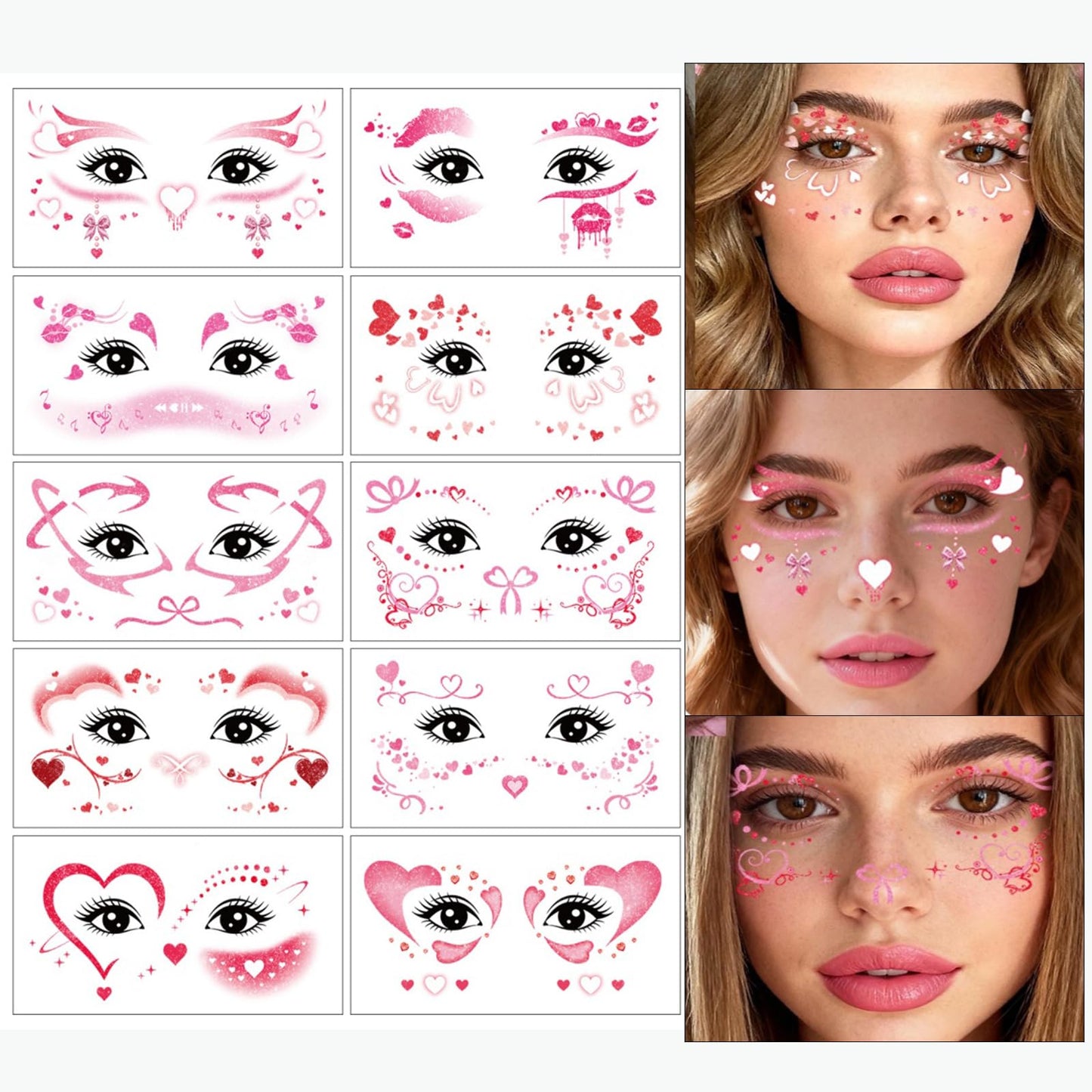 Mother's Day Temporary Tattoos Hearts Bow Blush Face Tattoos Mixed Styles Cartoon Pink Red Love Bowknot Eye Fake Tattoos Cute Stickers Waterproof Face Stickers for Body Art Makeup 10 Sheets